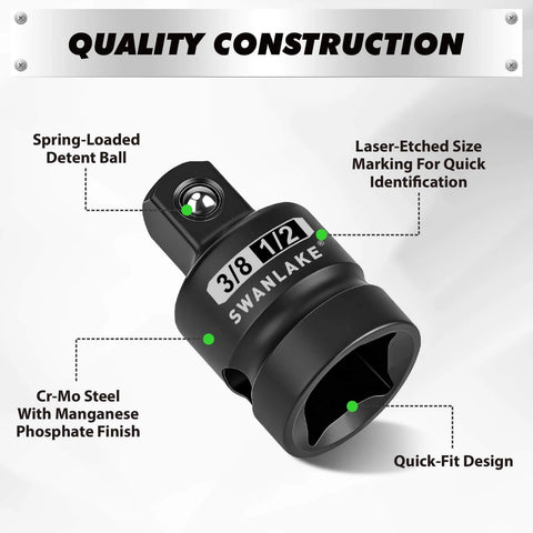 Close-up of 3/8 impact swivel socket from 7-Piece Impact Swivel Socket Adapter Set, showing quality features like spring-loaded detent ball.