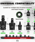 Diagram of 7-Piece Impact Swivel Socket Adapter Set, 1/4" 3/8" 1/2" Drive Universal Joint Socket Set CR-MO Steel, with sizes and rail.