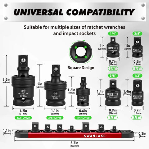 Diagram of 7-Piece Impact Swivel Socket Adapter Set, 1/4" 3/8" 1/2" Drive Universal Joint Socket Set CR-MO Steel, with sizes and rail.