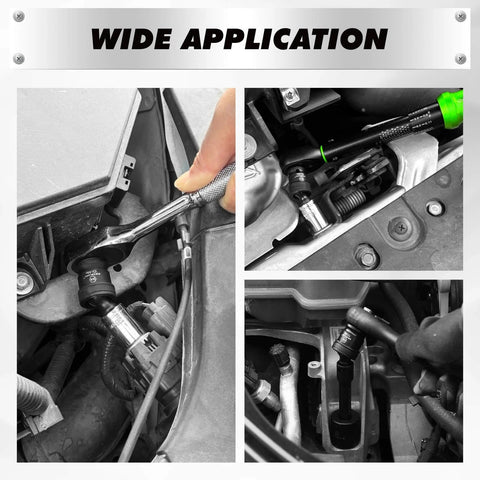 7-Piece Impact Swivel Socket Adapter Set in use on car engine showcasing 1/4" 3/8" 1/2" Drive Universal Joint Socket Set CR-MO Steel.