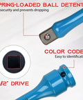 Close-up of color-coded 1/2" drive torque limiting extension bar with spring-loaded ball detent feature.