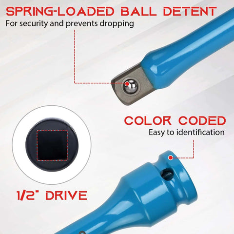 Close-up of color-coded 1/2" drive torque limiting extension bar with spring-loaded ball detent feature.