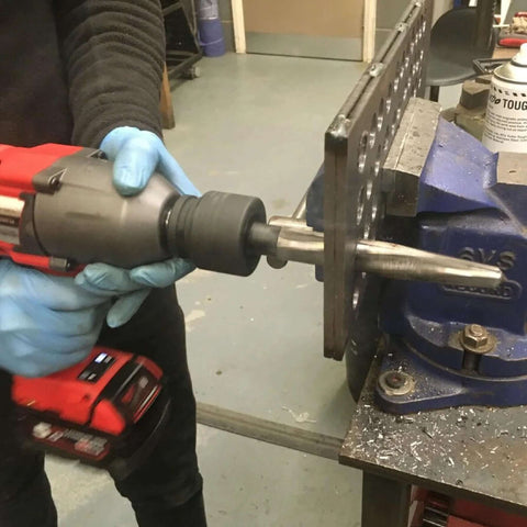 Aligning Reamer Tool Pro Grade HSS M2 Spiral Flute With 13 Sixteenth Inch Cutter Diameter And Machined Hex Shank For Impact Wrenches in use