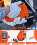Electric Car Jack Kit 5 Ton 12V Hydraulic Floor Jack With Impact Wrench And Inflatable Pump For SUV Car Emergency Tire Change Kit With LED Light All In One Portable Lift For Quick Lift And Safe Repairs showing orange impact wrench in use.