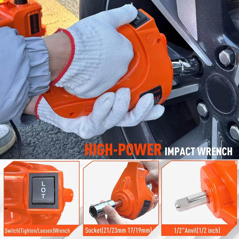 Electric Car Jack Kit 5 Ton 12V Hydraulic Floor Jack With Impact Wrench And Inflatable Pump For SUV Car Emergency Tire Change Kit With LED Light All In One Portable Lift For Quick Lift And Safe Repairs showing orange impact wrench in use.