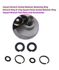 Top view of 3/8 Inch Impact Retaining Ring Clip With O-Ring For Cordless Impact Wrench Kit Includes 5 Sets Of Retainer Rings, O-Rings, And Anvil Install Tool Compatible With Air, Electric And Pneumatic Wrenches Friction Ring Replacement, showing black rings and clips on a white background.