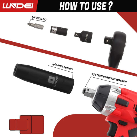 Three-Eighth Inch Drive Impact Socket Set Kit With Standard SAE And Metric Sizes, showing CR-V steel socket and cordless wrench