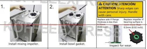 Installation guide for bearing sleeve replacement in Crathco dispensers, showing mixing impeller and bowl gasket steps.