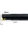 Side view of indexable end mill holder with gold coated APMT1135PDER carbide inserts, 90 degree square shoulder milling arbor, dimensions visible