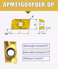 Diagram and dimensions of APMT1604PDER-DP indexable carbide milling insert for steel cutting.