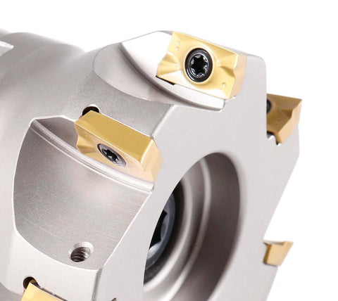 Close-up of 3 Inch Indexable Face Mill Cutter With 1 Inch Arbor Hole NMTB40 Precision Milling Tool Includes 7 APKT1604 TiN Coated Inserts