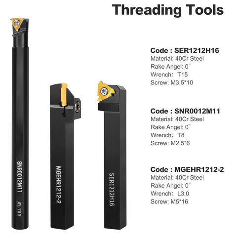 Lathe Turning Tool Kit With Seven Piece One Half Inch Indexable Lathe Tool Holders And Fourteen Carbide Inserts for threading shown.