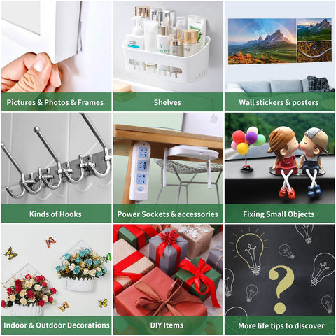 Image showcasing various uses of Heavy Duty Double Sided Tape Set Ultra Large 396 Inches Total Pack Of 2 Nano Tech Acrylic Gel Adhesive.
