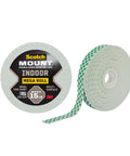 Indoor Double Sided Mounting Tape Mega Roll 3/4 Inch By 350 Inches Heavy Duty Adhesive For Painted Drywall Delivers Permanent Bond On Contact Holds Up To 15 Pounds With No Mess Or Tools, showing front label and roll of tape