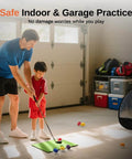 Parent and child practicing indoor golf with Full Choice Practice Golf Balls (20 Pack), Limited-Flight Training Balls, 5 Colors