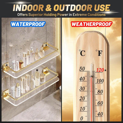 Pro Plus Heat Resistant Heavy Duty Foam Tape Double Sided Mounting Tape For Indoor Outdoor Use banner with waterproof and weatherproof labels, featuring shelves with products and a thermometer showing high temperature.