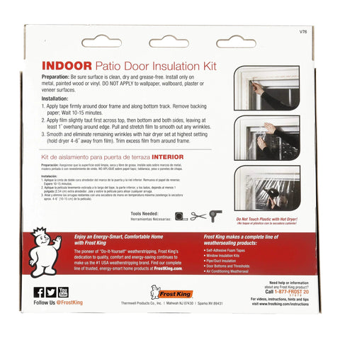 Back packaging of Indoor Shrink Window Kit For Large Windows And Patio Doors with installation steps and product details.