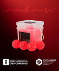 Indoor Pickleball Balls Multi-Pack – 26 Hole Fluorescent Ember Pickleball Balls in a storage box with logo and product features displayed.