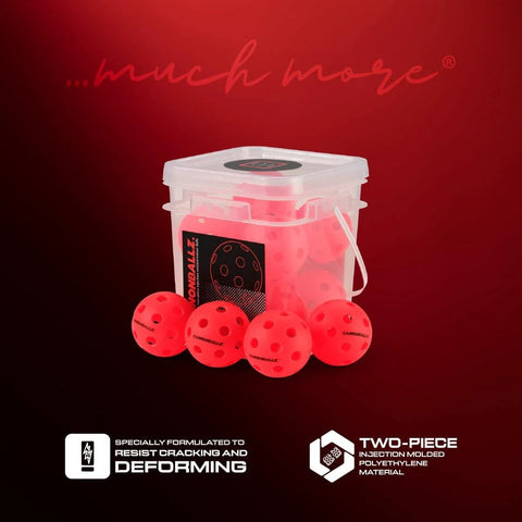 Indoor Pickleball Balls Multi-Pack – 26 Hole Fluorescent Ember Pickleball Balls in a storage box with logo and product features displayed.