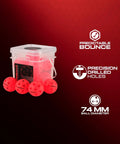 Indoor Pickleball Balls Multi-Pack – 26 Hole Fluorescent Ember Pickleball Balls in a transparent container with product features listed.