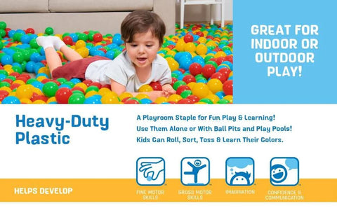 Child playing with colorful play balls from Play Balls 100ct | for Indoor Play, Ball Pit, Bouncers, showcasing fun and learning benefits.