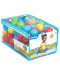 Clear bag with 100 colorful plastic play balls for indoor use, featuring Play Balls 100ct | for Indoor Play, Ball Pit, Bouncers label.
