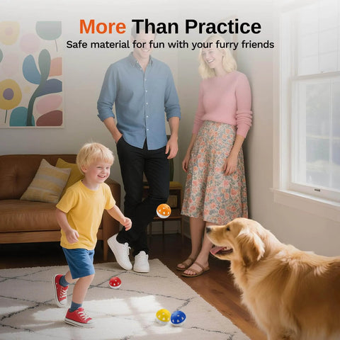 Family playing indoors with Full Choice Practice Golf Balls (20 Pack), Limited-Flight Training Balls, 5 Colors, with dog and child.