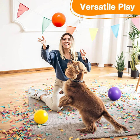 Woman and dog playing with 8PCS Inflatable Playground Balls, 8.5Inch Bouncing Sensory Balls for Kids Birthday Parties, colorful room.