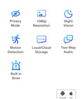 Graphic icons for 1080p resolution, night vision, motion detection, local or cloud storage, two-way audio, built-in siren, privacy mode.