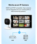 1080P Indoor Security Camera For Baby And Pet Monitoring With Motion Detection And Night Vision Two Way Audio Local SD Card Or Cloud Storage Works With Alexa And Google Home For Convenient Hands Free Home Surveillance next to tablet displaying multiple camera feeds