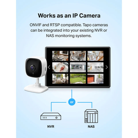 1080P Indoor Security Camera For Baby And Pet Monitoring With Motion Detection And Night Vision Two Way Audio Local SD Card Or Cloud Storage Works With Alexa And Google Home For Convenient Hands Free Home Surveillance next to tablet displaying multiple camera feeds