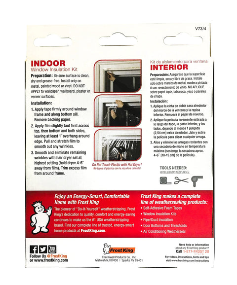 Instructions for Indoor Window Insulation Kit 4 Pack Shrink Film with Double Sided Tape and Hair Dryer for Easy Installation.