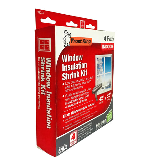 Indoor Window Insulation Kit 4 Pack Shrink Film for Windows packaging showing product details and included items
