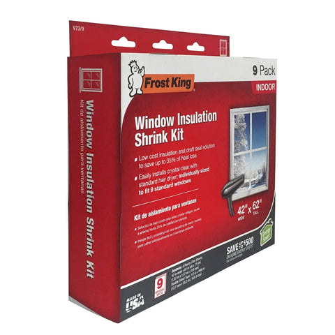 Packaging of Indoor Window Shrink Kit For 42 To 62 Inch Windows Clear 9 Pack, showing product details and window illustration
