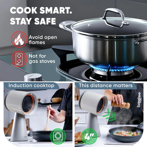 Portable countertop range hood with 5-layer filtration, 3-speed quiet exhaust, and plug-and-play setup for induction cooktops.