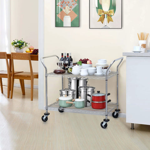 Heavy Duty 2 Tier Rolling Cart With Wheels And Handles For Commercial Use 600 Lb Capacity Built To Last Industrial Steel Utility Cart Kitchen Carts On Wheels NSF Certified 23.6 In D X 47.2 In W X 39.4 In H in a kitchen setting holding cookware and bottles.