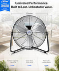 Front view of 20 Inch Heavy Duty Floor And Wall Mount Fan For Industrial Cooling With 5750 CFM High Velocity Three Speed And 360 Degree Tilt Head Black UL Listed For Garage Workshop Office And Home