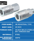 High Flow Three Eighths Inch Air Fittings Kit With Quick Connects Beefy Industrial Couplers And Plugs FNPT And MNPT Threads