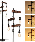 Industrial Dimmable Floor Lamp With 3 Heads 68 Inch Tall Tree Floor Lamp In Black Metal and Wood shown in various light settings.
