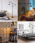 Industrial Adjustable Floor Lamp For Living Room With Pulley System Modern Farmhouse Tall Standing Reading Lamp In Blackened Bronze Vintage Style Task Lamp For Bedroom And Office Rustic Industrial Decor displayed in various interiors, including living room, office, and bedroom settings.