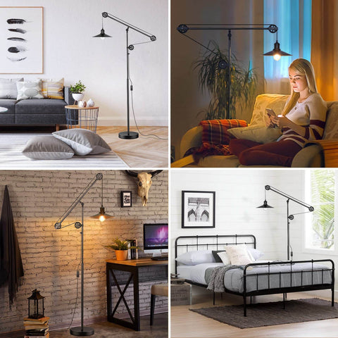 Industrial Adjustable Floor Lamp For Living Room With Pulley System Modern Farmhouse Tall Standing Reading Lamp In Blackened Bronze Vintage Style Task Lamp For Bedroom And Office Rustic Industrial Decor displayed in various interiors, including living room, office, and bedroom settings.