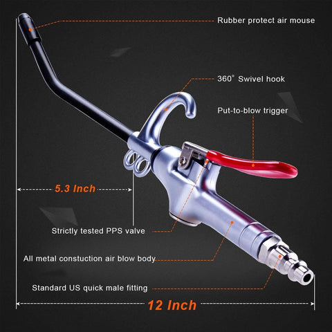 High Volume Air Blow Gun Alluminum Rubber Guard Air Flow Nozzle,Industrial Household Air Blower Gun,Pneumatic Air Compressor Accessories Dust Cleaning Tool with swivel hook and PPS valve