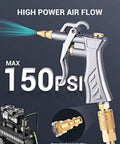 Industrial Air Blow Gun with Brass Adjustable Air Flow Nozzle and 2 Steel Extension, highlighting PSI capacity and flow nozzle