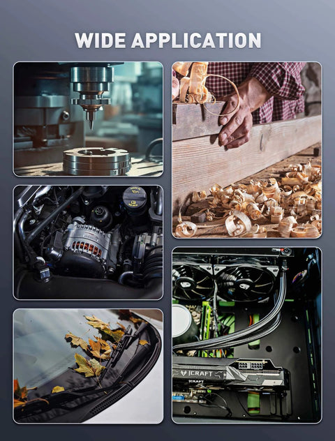 Wide application of Industrial Air Blow Gun with Brass Adjustable Air Flow Nozzle and 2 Steel Extension shown in various tools and machinery.