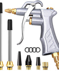 Industrial Air Blow Gun with Brass Adjustable Air Flow Nozzle and 2 Steel Extension, Pneumatic Air Compressor Accessory Tool Dust Cleaning and Blower Gun displaying all components