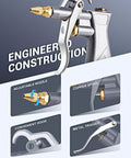 Industrial Air Blow Gun with Brass Adjustable Air Flow Nozzle and 2 Steel Extension shown with detailed features