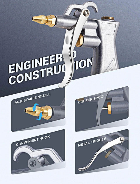 Industrial Air Blow Gun with Brass Adjustable Air Flow Nozzle and 2 Steel Extension shown with detailed features
