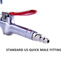 Close-up of a High Volume Powerful Industrial Air Blow Gun with 17-26 Inch Extensible Stainless Steel Air Flow Nozzle and red handle