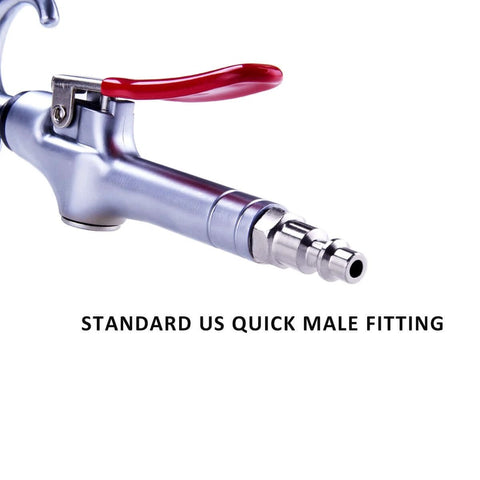 Close-up of a High Volume Powerful Industrial Air Blow Gun with 17-26 Inch Extensible Stainless Steel Air Flow Nozzle and red handle