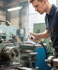 Man using Industrial Air Blow Gun with Brass Adjustable Air Flow Nozzle and 2 Steel Extension in workshop for dust cleaning
